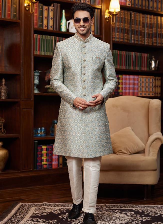 Jacquard Silk Green Wedding Wear Hand Work Readymade Sherwani